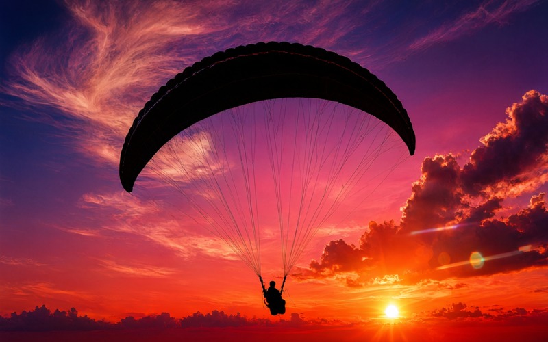 Силуэт параплана на фоне огненного закатного неба