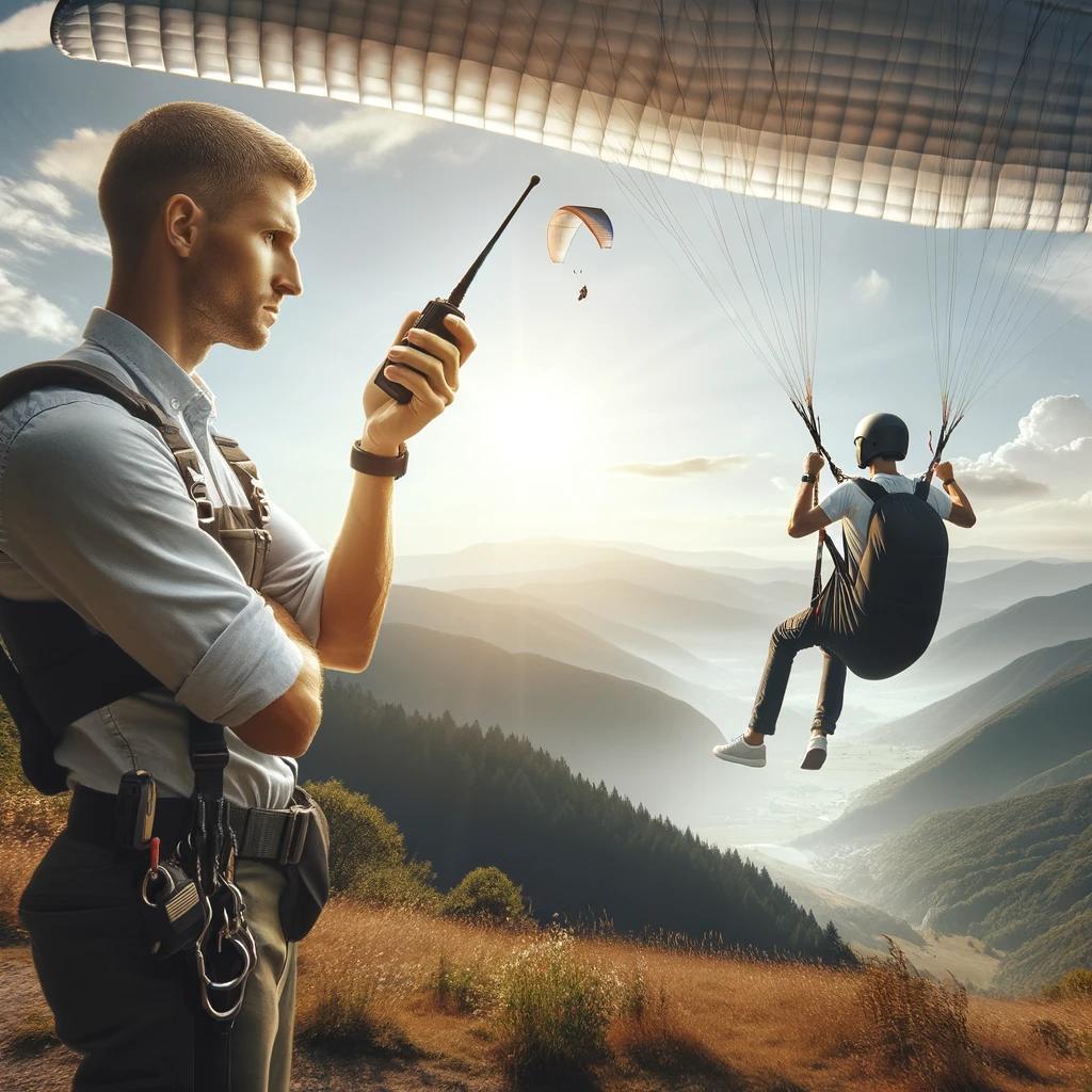 Инструктор по парапланеризму обучает и запускает студента в полет